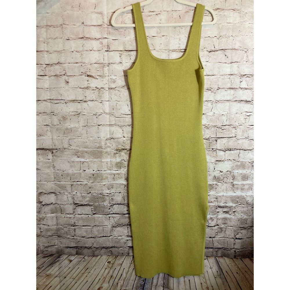 Miou Muse Bodycon Dress Womens Large Pea Green Knit Side Slit Stretch Midi